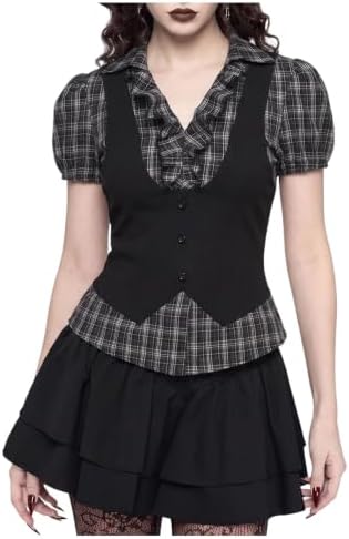 2 in 1 Plaid Puff Sleeve Tops Ruffle Button Front Tops | Slim Fit, V Neck
