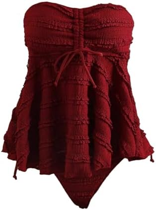 2 Piece Bandeau Tankini Swimsuits Ruffle Tiered Babydoll Tops with Panty