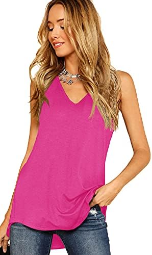 Basic V Neck Dolphin Hem Loose Tunic Tank Top Hot Pink XS