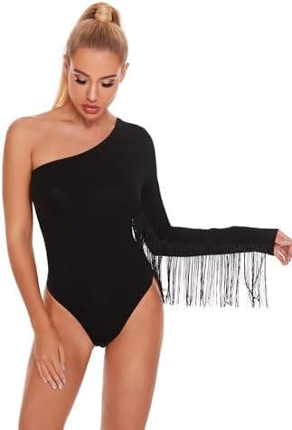 Fringe Trim One Shoulder Long Sleeve Thong Bodysuit Top Black S